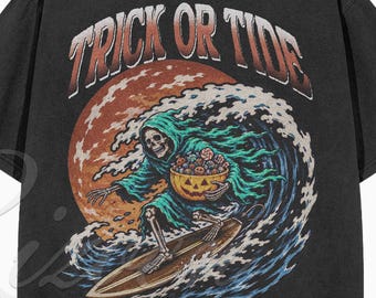 レトロなハロウィンサーファーTシャツ、トリック・オア・タイドのスケルトングラフィックシャツ、ゴシックサーフバイブTシャツ、ヴィンテージコンフォートカラーの不気味なアパレル