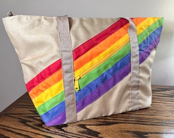 Vintage Rainbow Shoulder Bag / Tan Rainbow Travel Bag / Rainbow Carry All Bag / Foldable Zipper Bag
