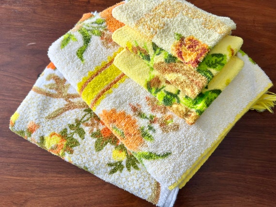 Vintage Yellow Towel Set Yellow Floral Towels Retro Bathroom Towels Vintage Yellow Bathroom Etsy Australia
