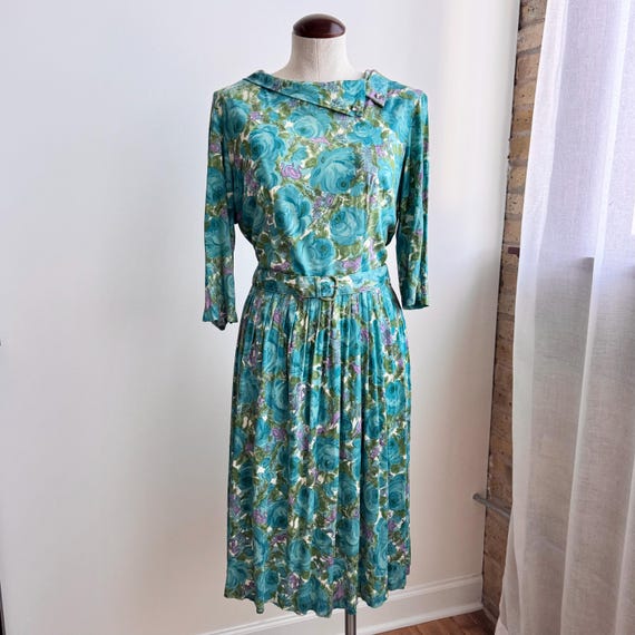 Vintage 1950s Blue Roses Belted Dress, Rhinestone Collar Vintage 1950s Blue Roses Belted Dress, Rhinestone Collar
