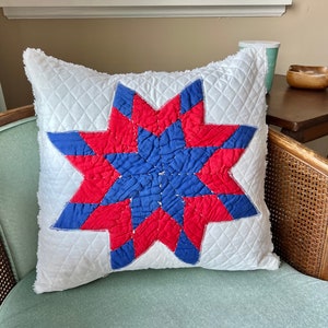 Vintage Quilt Star Pillow COVER  / Red White and Blue Throw Pillow Cover / Square Pillow Sham / Star Quilt Chenille Pillow Cover
