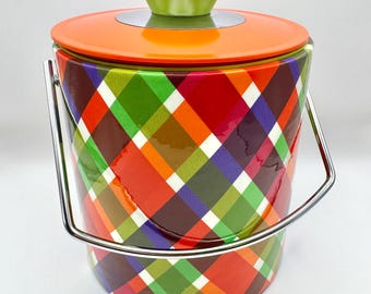 Vintage MCM Ice Bucket – Colorful Plaid Retro Barware