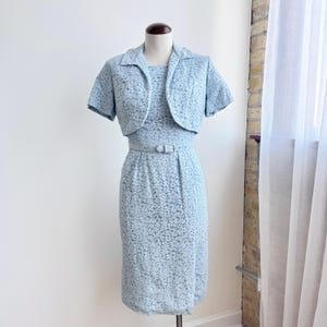 Vintage Petite 2 Piece Dress and Overcoat / Vintage Blue Lace Dress / Lace Mini Jacket