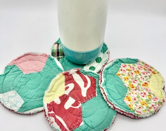 Vintage Quilt Coasters Set: Handmade Mug Rugs, Round Fabric Coasters - 24