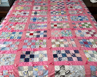 Vintage Pink Nine Patch Quilt - 78 x 81 inches
