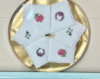 NIB Vintage White Embroidered Hankies / Swiss WEBA Handkerchiefs In Box / Rounds Hankie Box