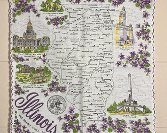 Vintage Illinois Hankie / Illinois Souvenir Hanky / Purple Illinois State Hankie