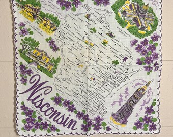 Vintage Wisconsin Hankie / Wisconsin Souvenir Hanky / Purple Wisconsin State Hankie