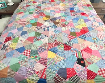 Vintage 6 Kite Hexi Quilt /  Full Scrappy Hexi Quilt / Full Quilt  78 x 86 inches