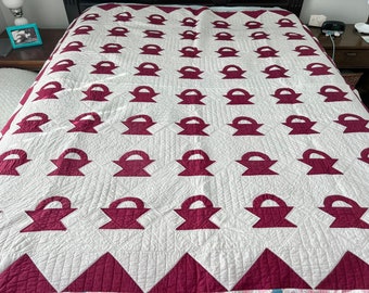 Vintage Flower Basket Quilt / Maroon Flower Basket Quilt / Handmade Quilt / Twin Quilt  65 x 73 inches