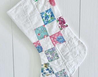 ONE Vintage Patchwork Quilt Stocking / Upcycled Quilt Christmas Stocking / Farmhouse Quilt Stocking / Cottage Christmas