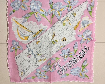 Vintage Tennessee State Hankie / Tennessee Souvenir Handkerchief / Pink Ladies Hankie