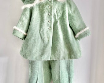 Vintage Toddler Snow Suit and Hat / Mint Green Baby Winter Suit / Baby Green Zippered Snow Suit