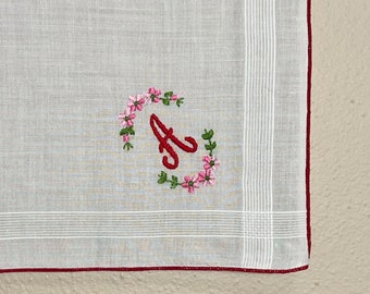 Vintage Monogrammed A Hankie / Pink Red A Monogrammed Wedding Handkerchief / Letter A Ladies Hankie