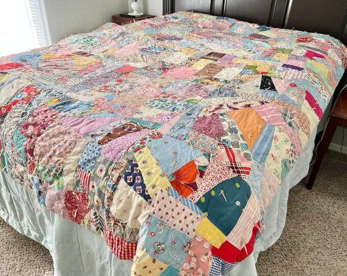 Vintage Scrappy Quilt / Heavy Scrappy Quilt / Hand Quilted Vintage