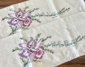 Vintage His and Hers Pillowcase set / Embroidered Pillowcases / His and Hers bed linens