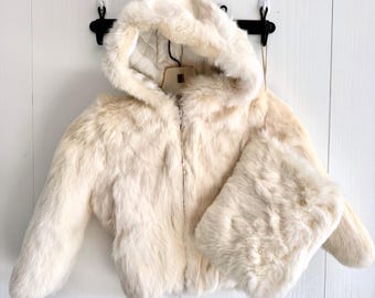 Vintage Caravelle Rabbit Fur Coat and Muff - Size 13 Children's Fur Jacket with Muff