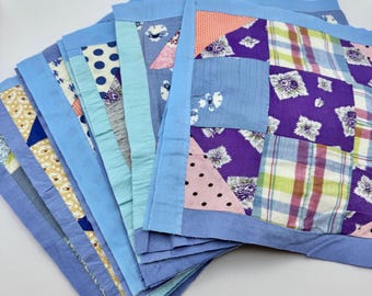 Vintage 9 Patch Quilt Blocks - Blue Border, Repurposed Fabric