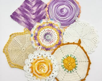 Vintage Crochet Pot Holder Trivets - Purple and Golden Yellow