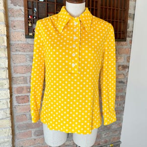 Vintage Yellow Shirt / Long Sleeve Yellow Polka Dot Blouse / 1970’s Vintage Fashion / Vintage Kiva Ltd