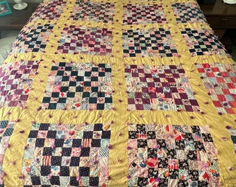 Vintage Double Irish Chain Block Quilt / Yellow Multicolor Patchwork Quilt / Purple Yarn Tied Quilt / Twin Quilt 64 x 8 inches