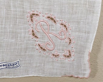 Vintage Monogrammed 'R' Hankie: Pink Madeira Embroidery