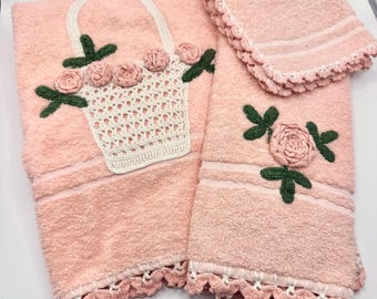 3 pc. Peach Vintage Towel Set with Crochet Work - Bath Towel, Hand Towel, Washcloth