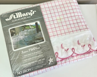 NOS  St. Mary's Luxury Percale Vintage Sheet Set / Pink and White Percale Sheet / 3 Piece Twin Sheet Set
