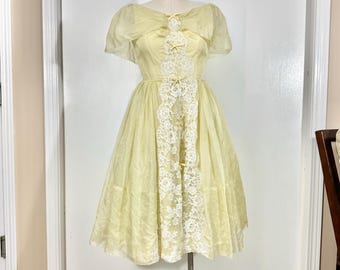 Vintage Formal Prom Dress - Yellow Lace Fit and Flare Dress