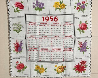 Vintage 1956 Calendar Hankie / 1956 Flower Calendar Handkerchief