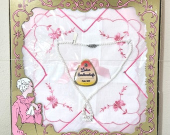 NOS Boxed Vintage Ladies Hankies / Vintage Hankies Set with Pearls / Box of White and Pink Hankies / Faux Pearl Necklace