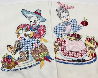 Vintage Hand Embroidered Grandma Grandpa Kitchen Towels