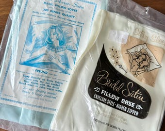 NOS Vintage Bridal Satin Pillowcase - Blue  or Ivory