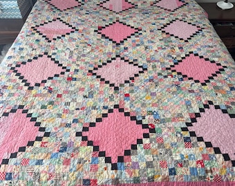 Vintage Postage Stamp Quilt with Pink base - 71 x 81 inches