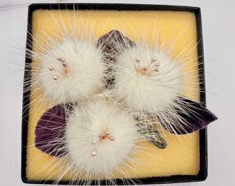 Vintage Ivory Mink Brooch Pin - Original Box