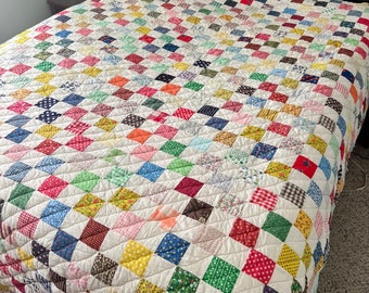 Vintage Patchwork Quilt / Multicolor Patchwork Quilt / Hand Quilted / Full Queen Quilt 80 x 101 inches