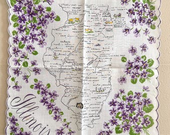 Vintage Illinois Souvenir Hankie Hanky - Purple Illinois State Hankie