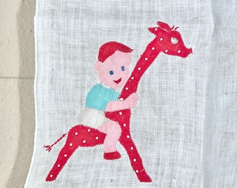 Vintage Boy on Giraffe Childrens Hankie / Giraffe Animal Kids Hankie / Little Boy Kids Handkerchief