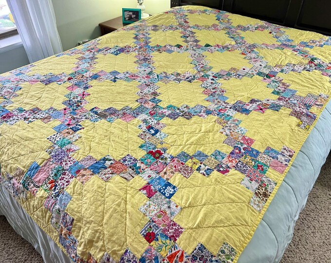 Vintage Postage Stamp Irish Chain Quilt / Yellow Irish Chain Quilt