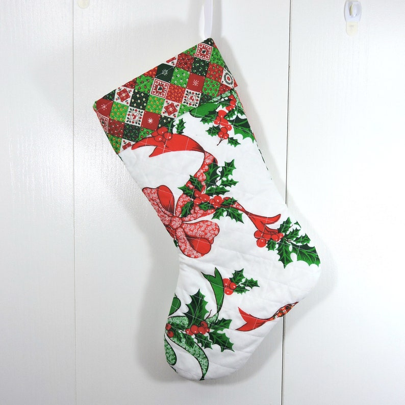 Vintage Tablecloth Chistmas Stocking Upcycled Christmas Tablecloth Stocking Quilted Xmas Stocking