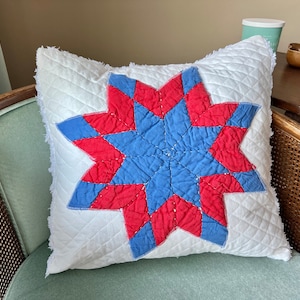 Vintage Quilt Star Pillow COVER  / Red White and Blue Throw Pillow Cover / Square Pillow Sham / Star Quilt Chenille Pillow Cover