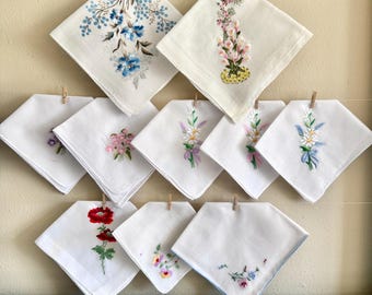 Vintage Embroidered Flower Hankies - Vintage Flower Handkerchiefs