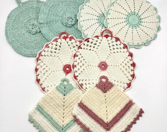 Vintage Crochet Pot Holder Trivets - Aqua and Pinks
