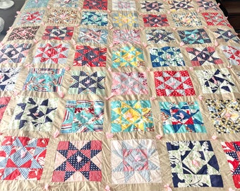 Funky Vintage Sampler Quilt / Tan Sampler Quilt / Yarn Tied Quilted / Twin Quilt 75 x 84 inches / Freshly Washed