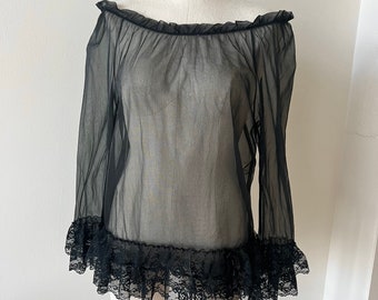 Vintage Negligee Tank / Blanche by Erika McGowan / Sheer Black Negligee Top / 1960’s Vintage Fashion / Boudoir Fashion