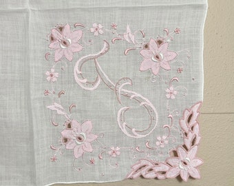Pink F Vintage Monogrammed Hankie / Pink Monogrammed F Wedding Handkerchief / Pink Letter F Ladies Hankie / F Snot Rag