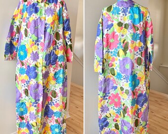 Vintage Jean Atkins House Coat Robe / Bright Floral House Coat / Vintage Robe by Jean Atkins / Full Length Size Large Floral Summer Robe