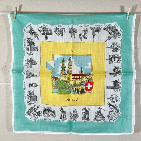 Vintage Zurich Hankie / Switzerland Souvenir Hanky / Travel Hankie