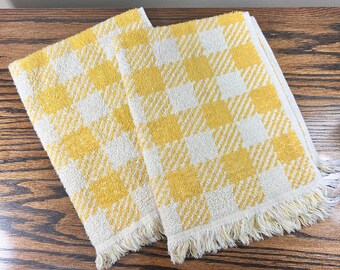 Vintage Gingham Hand Towel Set / Yellow Plaid Hand Towels / Retro Bathroom Towels / Vintage Yellow Bathroom