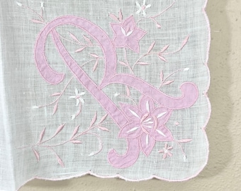 Vintage Monogrammed Hankie, Pink Letter R Embroidered Handkerchief